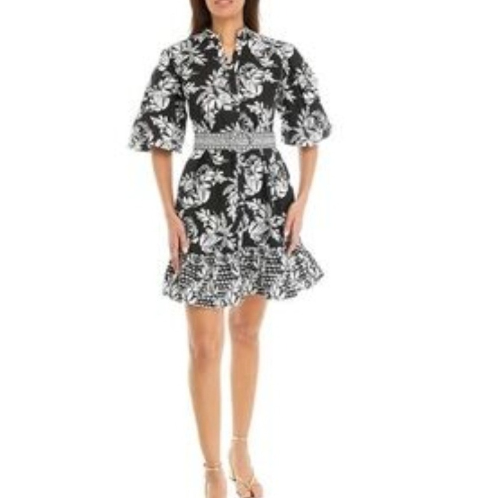 Nicole Miller New York Dress Womens 4 Black White Floral Belted Puff Sleeve Mint